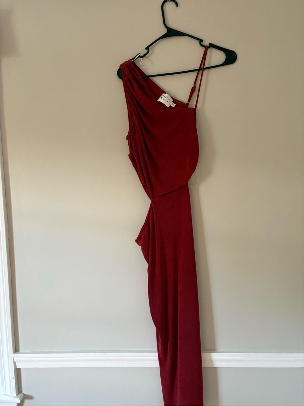 Hello Molly Burgundy One-Shoulder Draped Gown